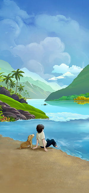 Boy and Dog Relaxing on a Tropical Beach with Lush Mountains and Calm Water HD phone wallpaper