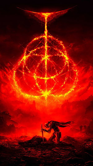 Elden Ring Knight Standing Before Massive Glowing Red Rune in Apocalyptic Landscape HD phone wallpaper