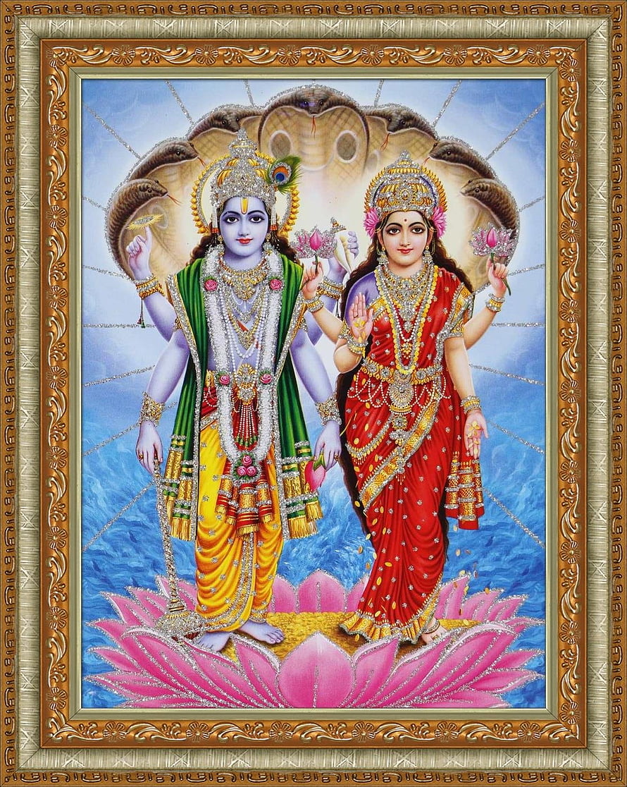 Lord Vishnu and Goddess Lakshmi Standing on Lotus with Serpent Canopy HD phone wallpaper