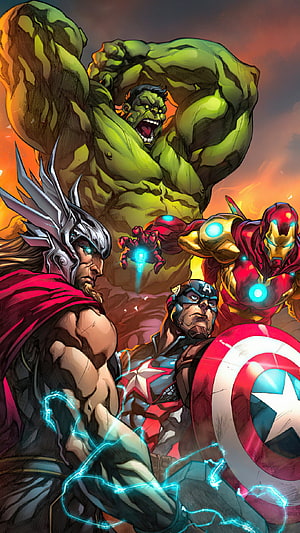 Marvel Avengers Team-Up: Thor, Iron Man, Captain America, and Hulk in Epic Comic Art HD phone wallpaper