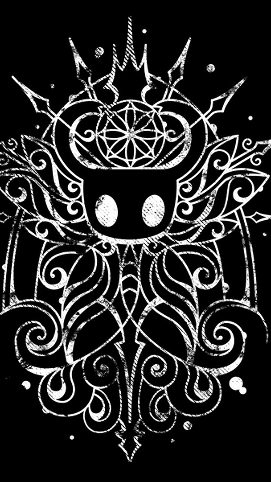 Hollow Knight Ornate White Line Art on Black Background HD phone wallpaper