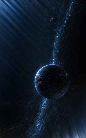 Dark Earth and Moon Floating in Deep Space with Nebula and Starlight HD phone wallpaper