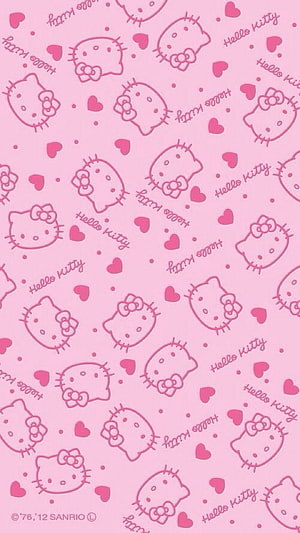 Cute Hello Kitty Line Art Pattern with Hearts on Pink Background HD phone wallpaper