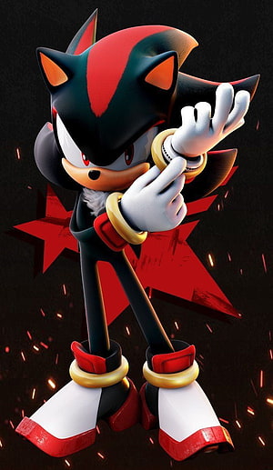 Shadow the Hedgehog 3D Render with Red Star Background and Floating Embers HD phone wallpaper