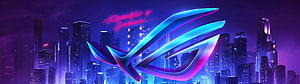 Asus ROG Republic of Gamers Logo Against Neon Cyberpunk City Skyline HD wallpaper