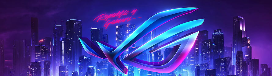 Asus ROG Republic of Gamers Logo Against Neon Cyberpunk City Skyline HD wallpaper