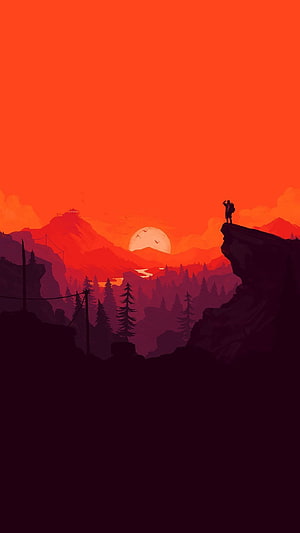 Minimalist Hiker Silhouette on Cliff Edge at Red Sunset with Pine Forest and Mountains HD phone wallpaper