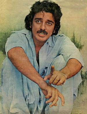 Kamal Haasan Portrait in Light Blue Shirt with Curly Hair and Mustache HD phone wallpaper