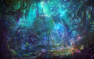 Enchanted Fantasy Forest with Ethereal Light Beams and Mystical Flora HD wallpaper
