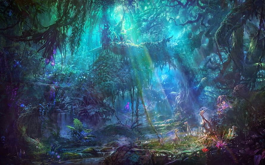 Enchanted Fantasy Forest with Ethereal Light Beams and Mystical Flora HD wallpaper