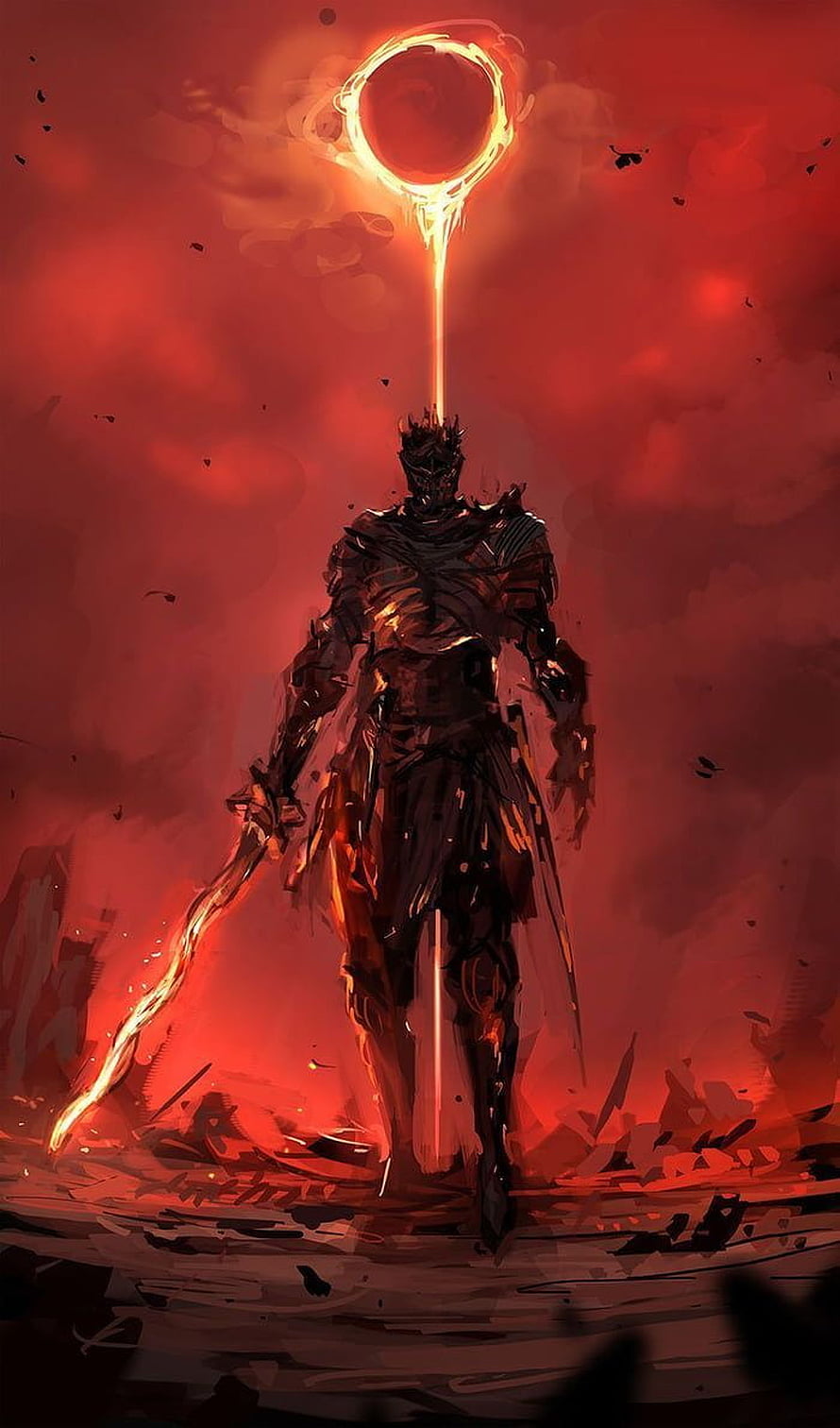 Dark Souls Inspired Knight With Glowing Crown And Fire Sword In Crimson Ruins HD phone wallpaper