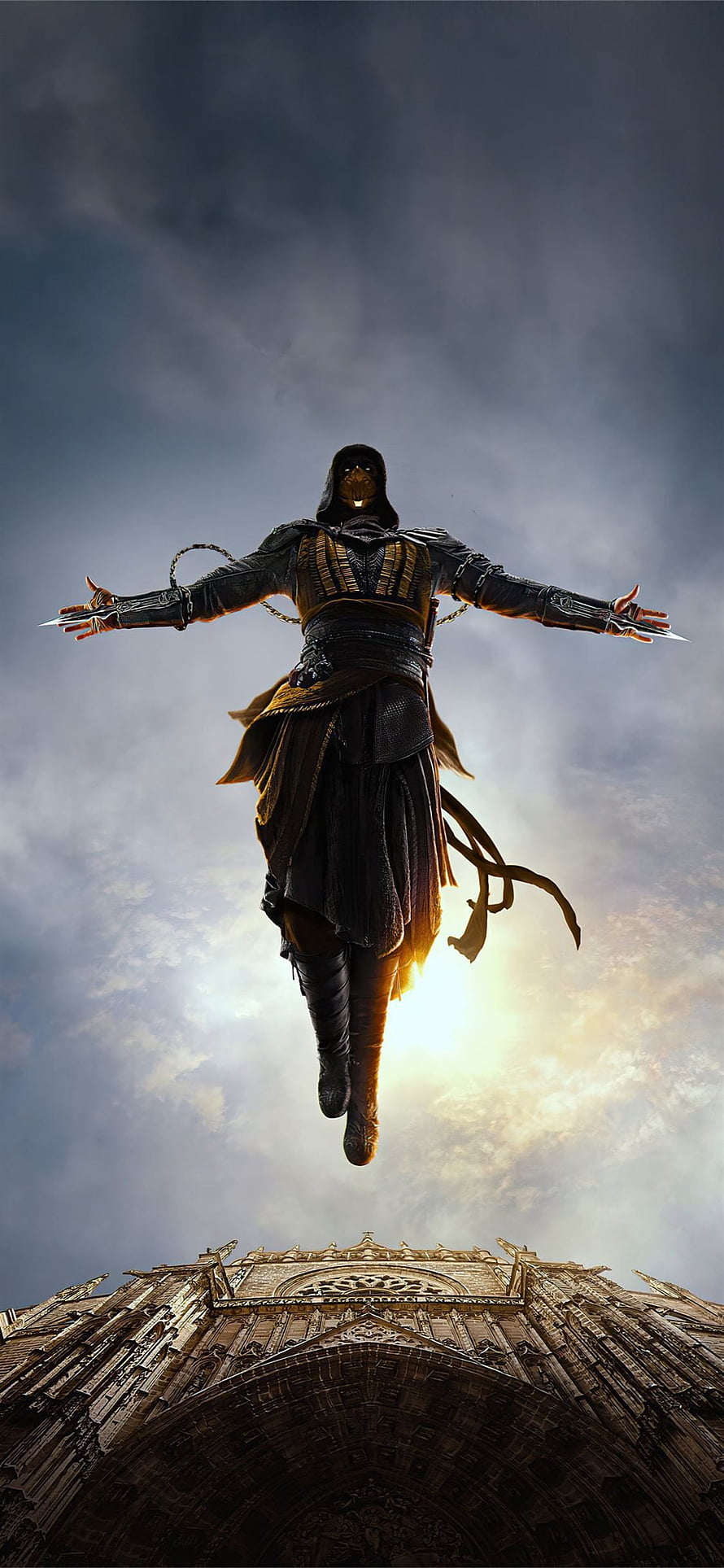 Scorpion from Mortal Kombat X hovering above a Gothic cathedral in a dramatic sky HD phone wallpaper