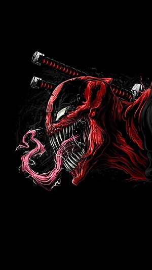 Crimson Venom Symbiote with Katana Swords and Long Tongue on Black Background HD phone wallpaper