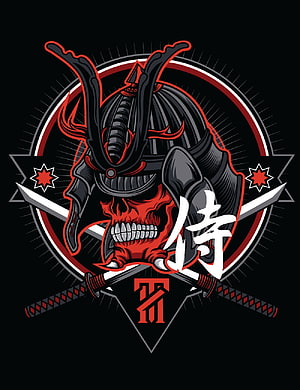 Samurai Skull Emblem with Crossed Katana and Japanese Kanji on Black Background HD phone wallpaper