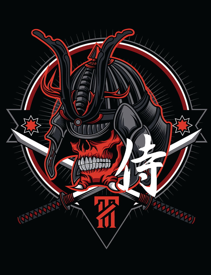 Samurai Skull Emblem with Crossed Katana and Japanese Kanji on Black Background HD phone wallpaper