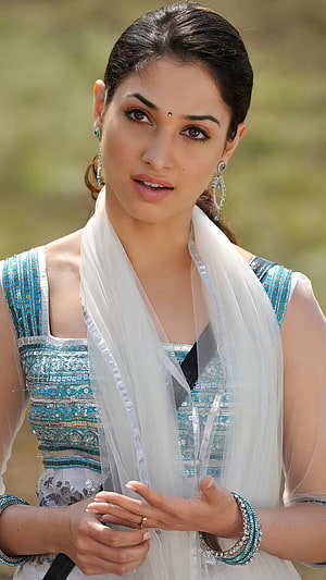 Tamanna Bhatia in Traditional Indian Attire with Intricate Blue Embroidery and White Dupatta HD phone wallpaper