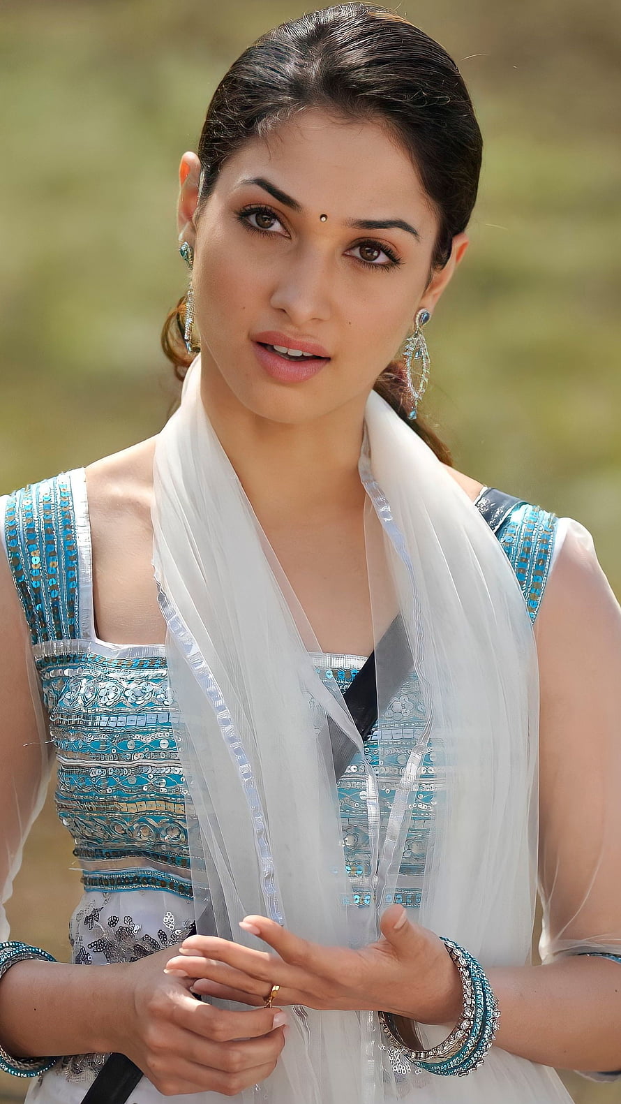 Tamanna Bhatia in Traditional Indian Attire with Intricate Blue Embroidery and White Dupatta HD phone wallpaper