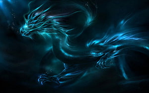 Luminous Blue Dragon with Flowing Energy in Dark Fantasy Digital Art HD wallpaper