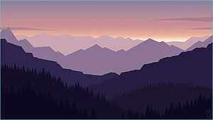 Minimalist Mountain Range at Sunset with Pine Forest Silhouette in Purple and Pink Tones HD wallpaper