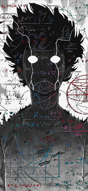 Mob Psycho 100 Character Silhouette Overlaid With Colorful Physics Equations and Mathematical Diagrams HD phone wallpaper