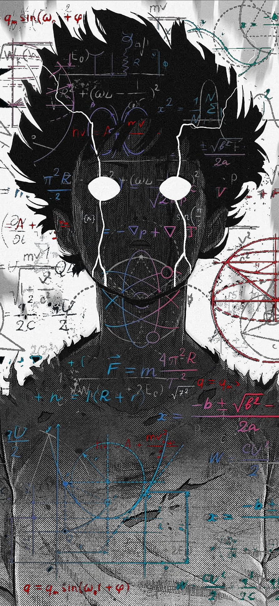 Mob Psycho 100 Character Silhouette Overlaid With Colorful Physics Equations and Mathematical Diagrams HD phone wallpaper