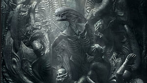 H.R. Giger Biomechanical Alien Sculpture with Dark Organic Horror Aesthetic HD wallpaper