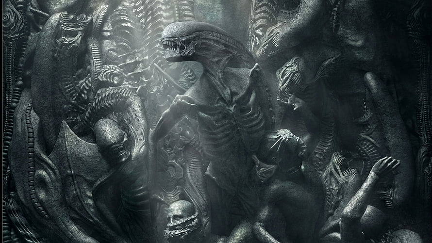 H.R. Giger Biomechanical Alien Sculpture with Dark Organic Horror Aesthetic HD wallpaper