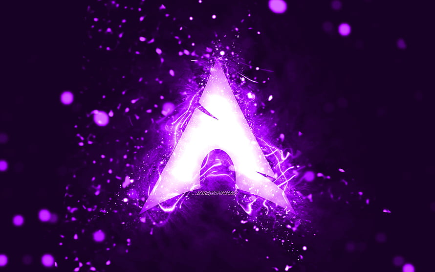 Glowing Arch Linux Logo with Violet Neon Energy and Particle Effects HD wallpaper