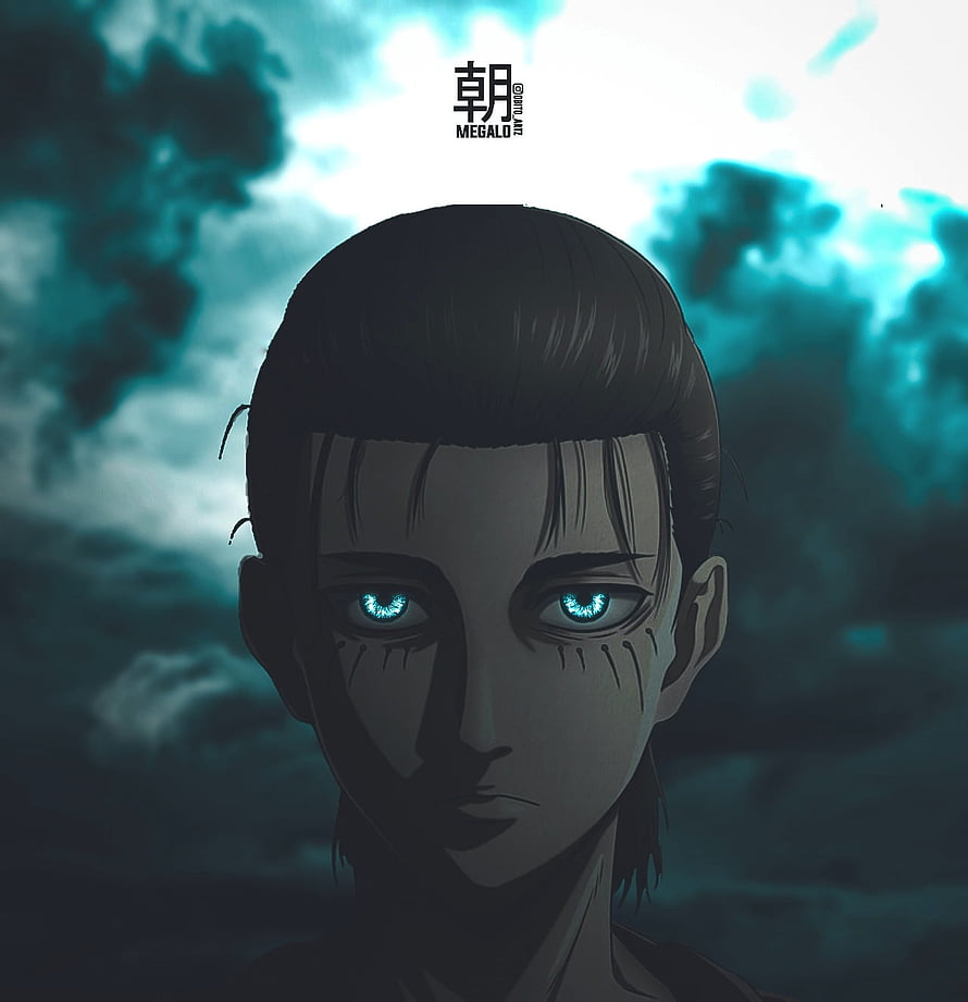 Eren Yeager Portrait With Glowing Blue Eyes Against Dark Stormy Sky HD phone wallpaper