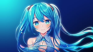 Hatsune Miku Anime Portrait with Flowing Turquoise Hair and Glowing Blue Eyes HD wallpaper