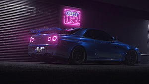 Blue Nissan Skyline R34 GT-R with Neon Pink Taillights in a Dark Garage HD wallpaper