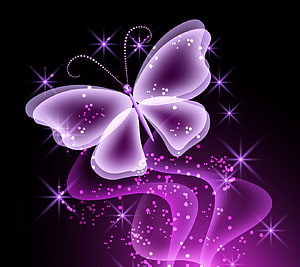 Glowing Purple Neon Butterfly with Sparkling Glitter and Starbursts on Black Background HD wallpaper
