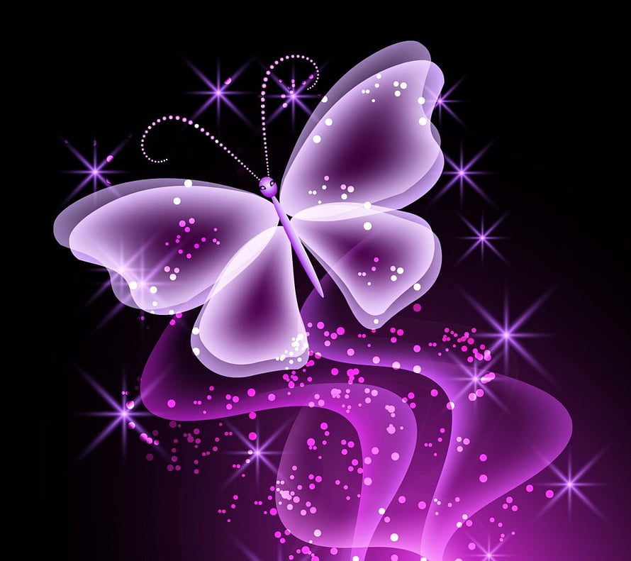 Glowing Purple Neon Butterfly with Sparkling Glitter and Starbursts on Black Background HD wallpaper