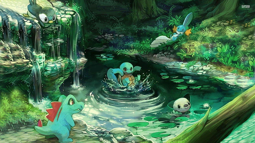 Water Type Pokemon Frolicking in a Lush Forest Pond with Waterfall and Lilies HD wallpaper