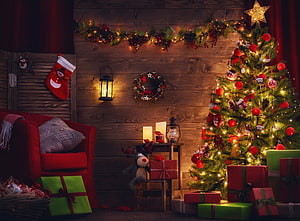 Cozy Rustic Christmas Scene With Decorated Tree, Stockings, and Wrapped Gifts HD wallpaper
