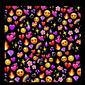Colorful Emoji Pattern with Hearts, Flames, and Rainbows on Black Background HD phone wallpaper
