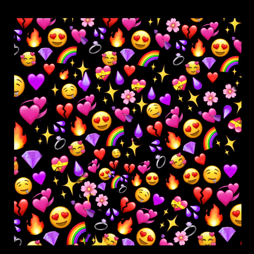 Colorful Emoji Pattern with Hearts, Flames, and Rainbows on Black Background HD phone wallpaper