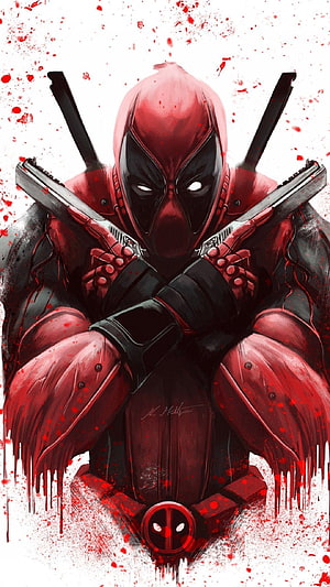 Deadpool Comic Art with Crossed Pistols and Blood Splatter on White Background HD phone wallpaper