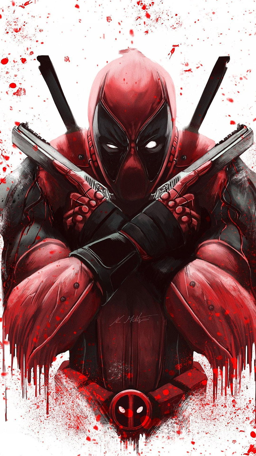 Deadpool Comic Art with Crossed Pistols and Blood Splatter on White Background HD phone wallpaper