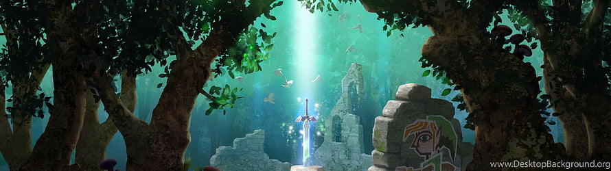 Legend of Zelda Sacred Forest Ruins with Glowing Master Sword and Ancient Stone Carvings HD wallpaper