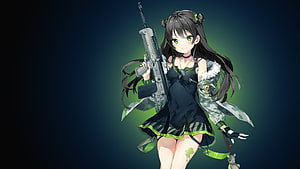 Anime Girl in Black Dress Holding Assault Rifle with Green Accents HD wallpaper