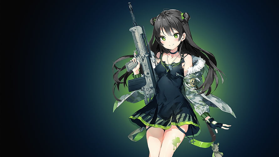Anime Girl in Black Dress Holding Assault Rifle with Green Accents HD wallpaper