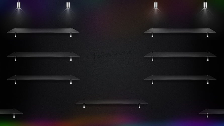 Minimalist Black Wall Shelves with Recessed Spotlights and Dark Textured Background HD wallpaper