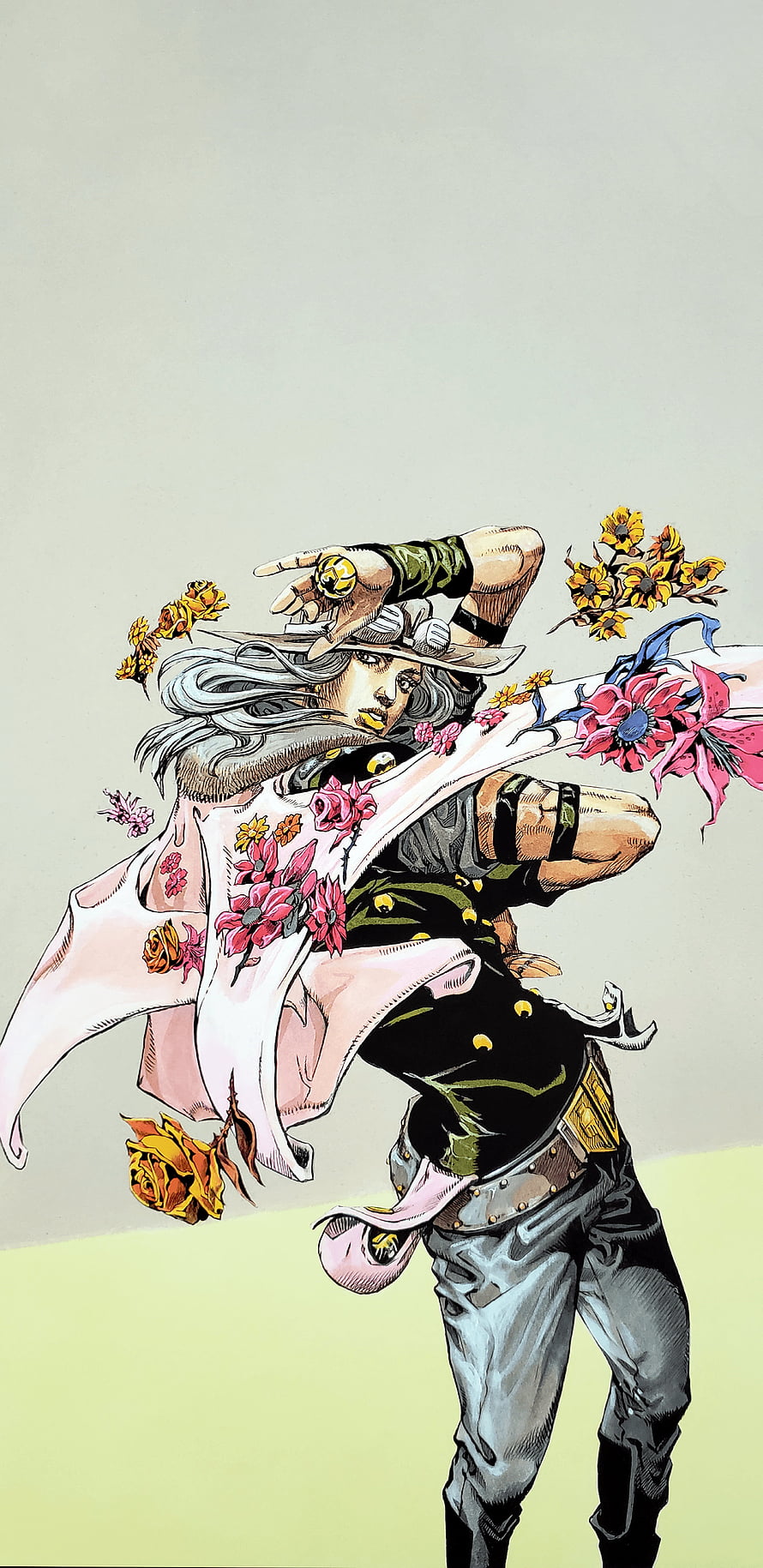 Gyro Zeppeli from JoJo's Bizarre Adventure in a Dynamic Floral Pose HD phone wallpaper