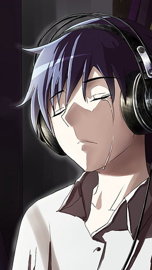 Emotional Anime Boy Crying While Wearing Headphones in a White Shirt HD phone wallpaper