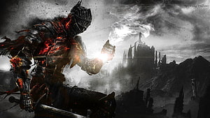 Dark Souls III Knight in Molten Armor Before a Ruined Castle HD wallpaper