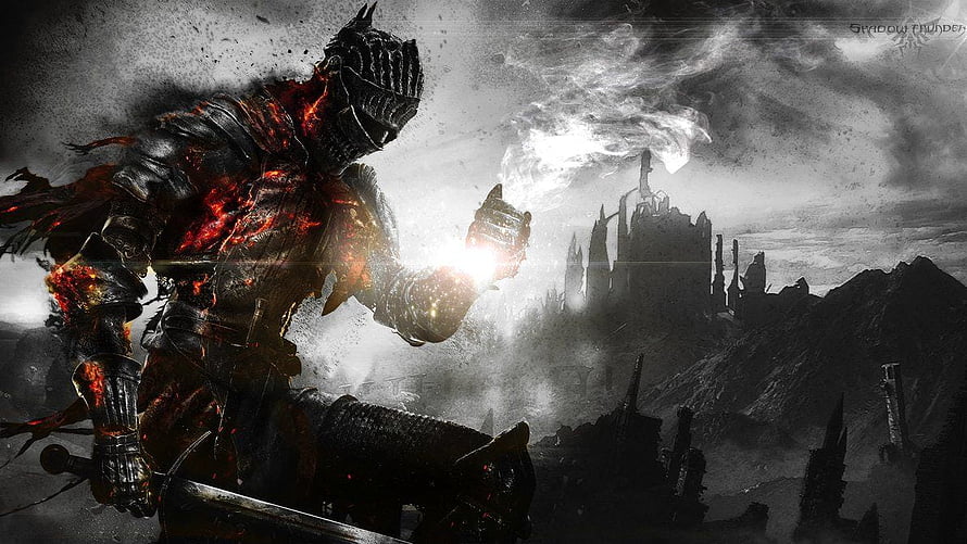Dark Souls III Knight in Molten Armor Before a Ruined Castle HD wallpaper
