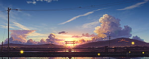 Japanese countryside sunset with torii gate and distant mountains in anime style HD wallpaper