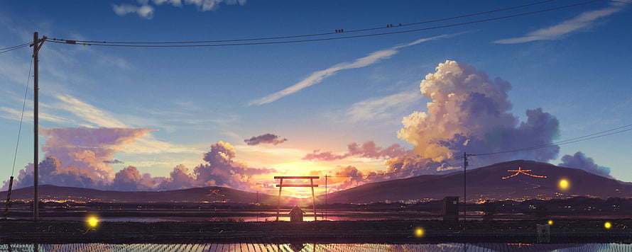 Japanese countryside sunset with torii gate and distant mountains in anime style HD wallpaper