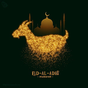 Eid al-Adha Mubarak Greeting with Glowing Golden Ram and Mosque Silhouette HD phone wallpaper